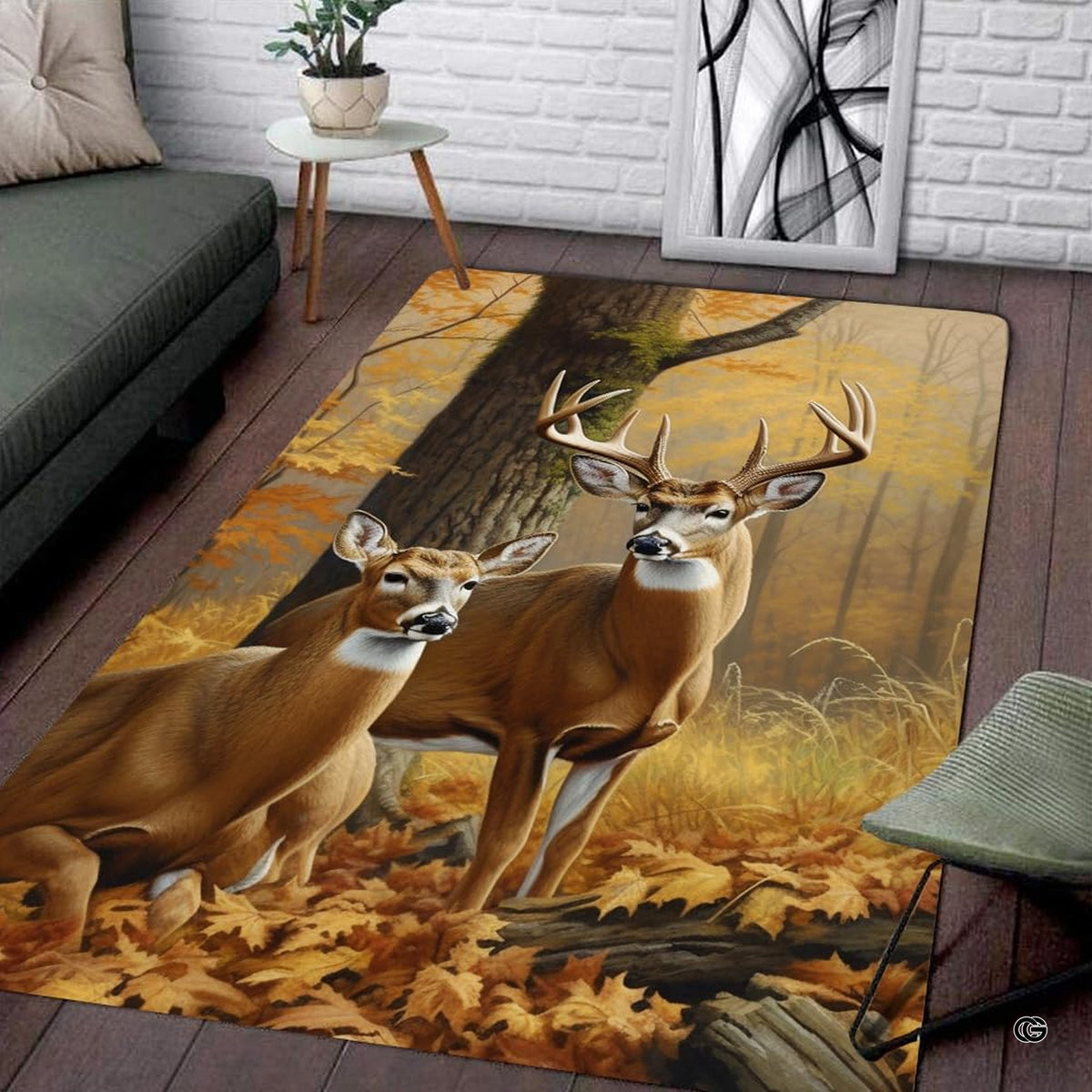 Overhead flat view of rectangular autumn whitetail buck and doe area rug