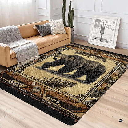 Woodland bear illustration and pine branch artwork on rustic area rugs for dining room display. - thumbnail image 4 of 5