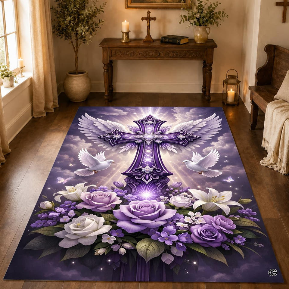Purple cross area rug with angel wings, doves, and roses displayed on a wood floor