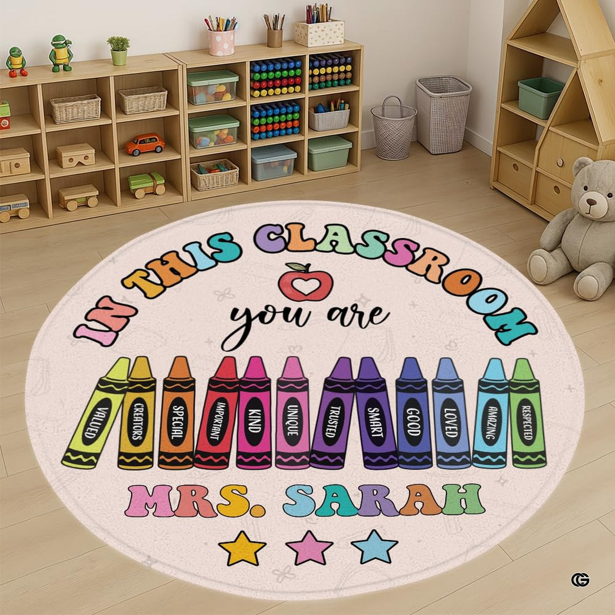 Preschool classroom floor setting showing the round crayon teacher appreciation area rug - image 1 of 9