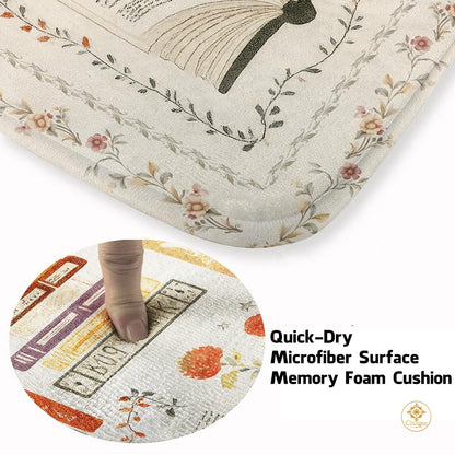 Custom Vintage Book Doormat with Floral Details and Cat Design