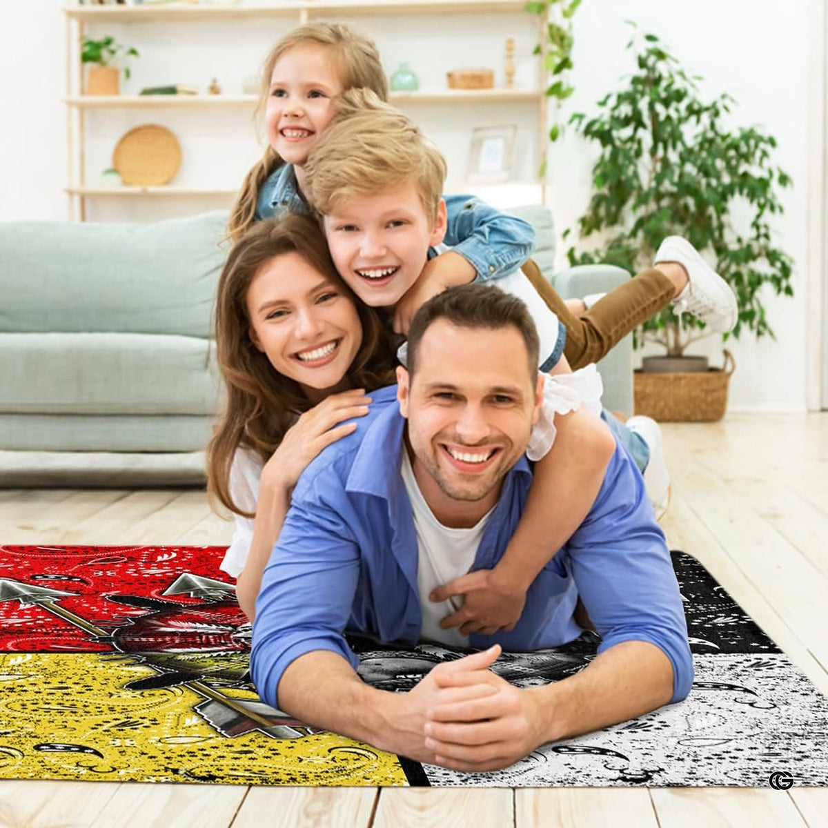 Den layout displaying the four-color tribal medicine wheel rug centered on flooring