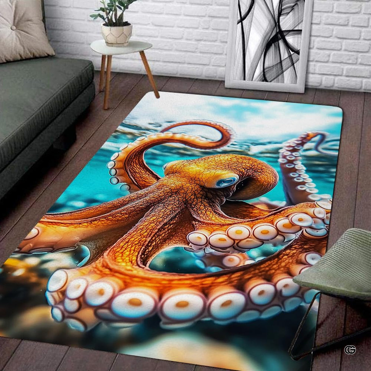 Realistic giant octopus ocean living room area rug with orange tentacles in turquoise ocean water