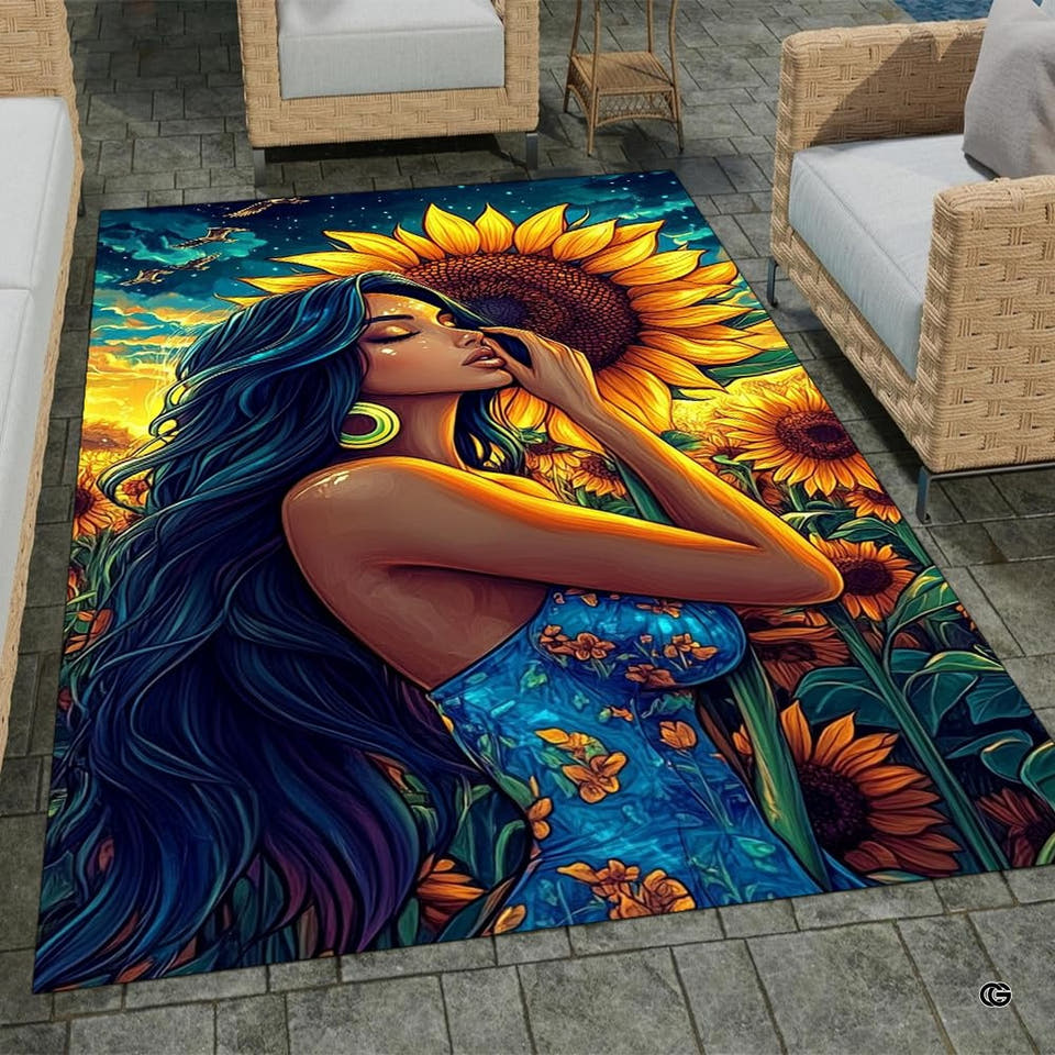 Stone patio setting featuring a boho sunflower woman artistic floral area rug