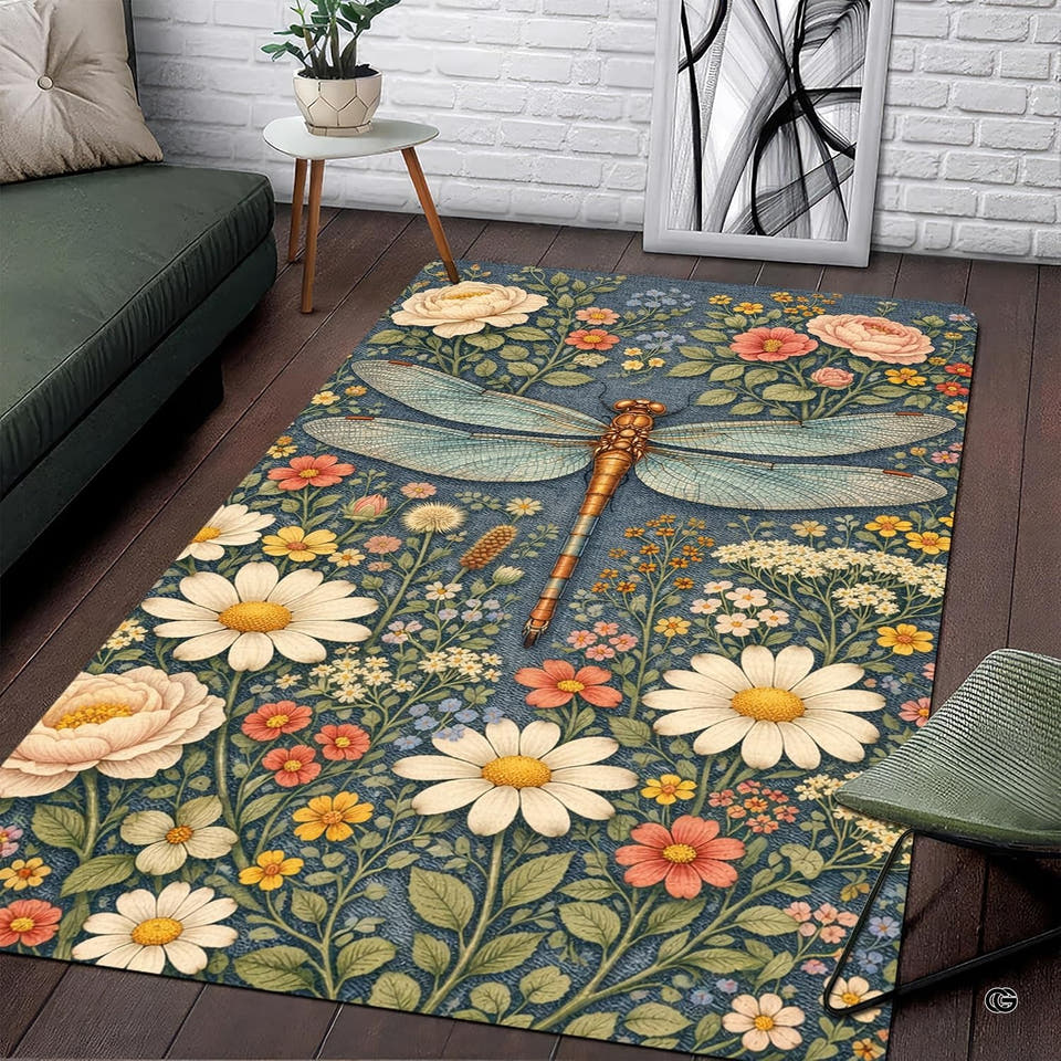 Vintage dragonfly meadow wildflower garden floral area rug in primary perspective