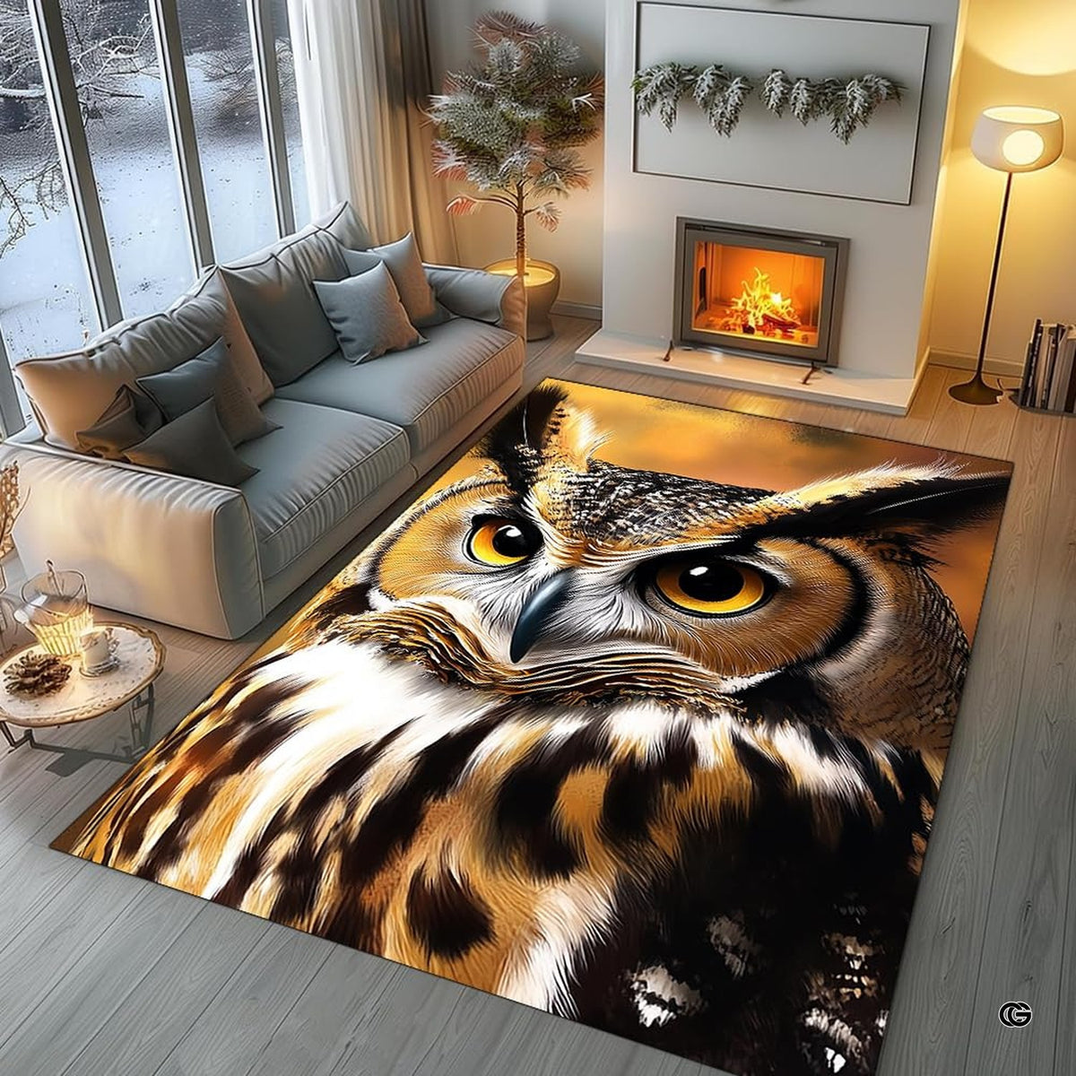 Detailed view of decorative accent horned owl facial features on an artistic decorative rug accent. - image 7 of 8