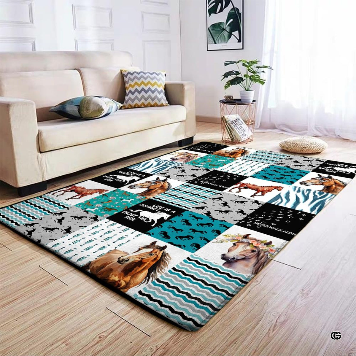 Overhead display of western horse themed area rug showing detailed horseshoe illustrations and chevron borders.
