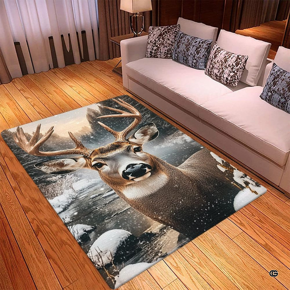 Close-up of buck illustration on wildlife area rug highlighting detailed antlers and frosted evergreens. - image 2 of 5