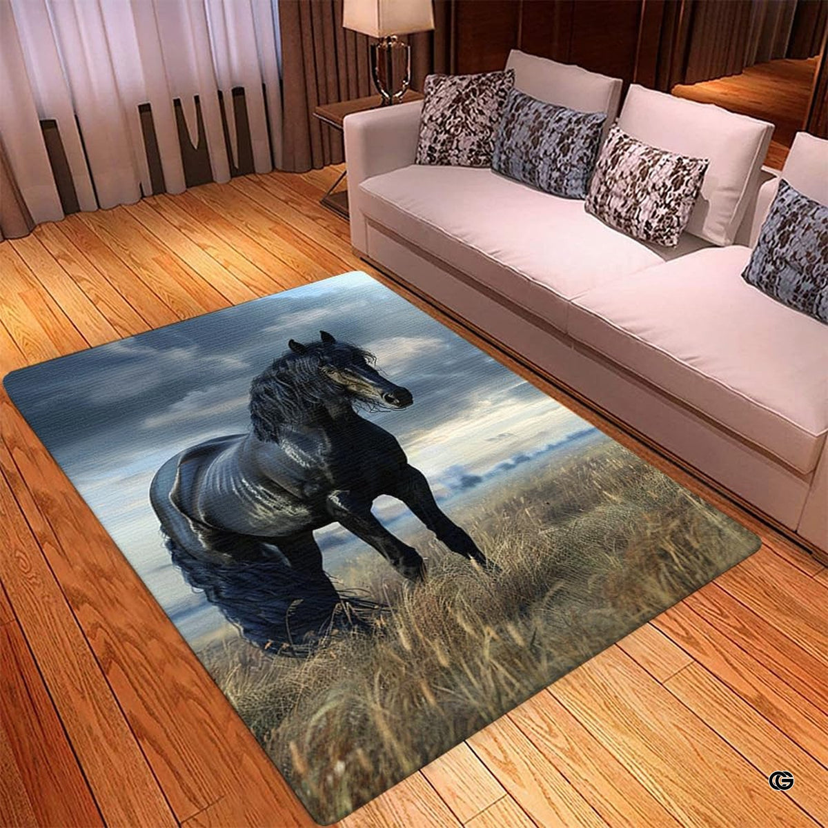 Galloping black horse floor rug styled under modern seating in a bright living space.