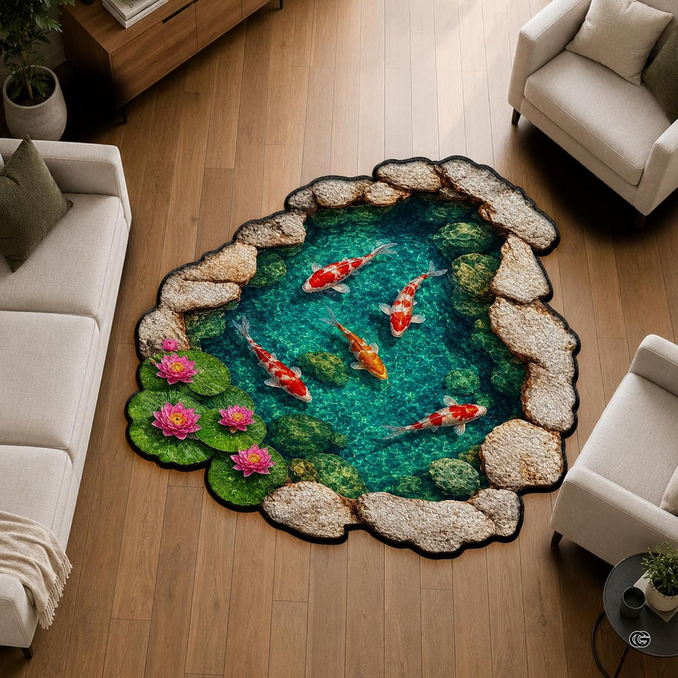 Custom Japanese Koi Fish Shaped Area Rug, Personalized 3D Optical Illusion Koi Pond Lotus Non Slip Washable Shaped Floor Mat, Fish Pond Rugs for Bedroom Living Room Decor (1, D3)