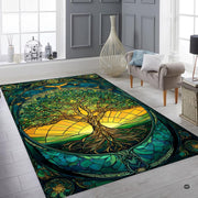 Lifestyle mockup showing the stained glass tree rug centered on a contemporary wood floor - thumbnail image 8 of 8
