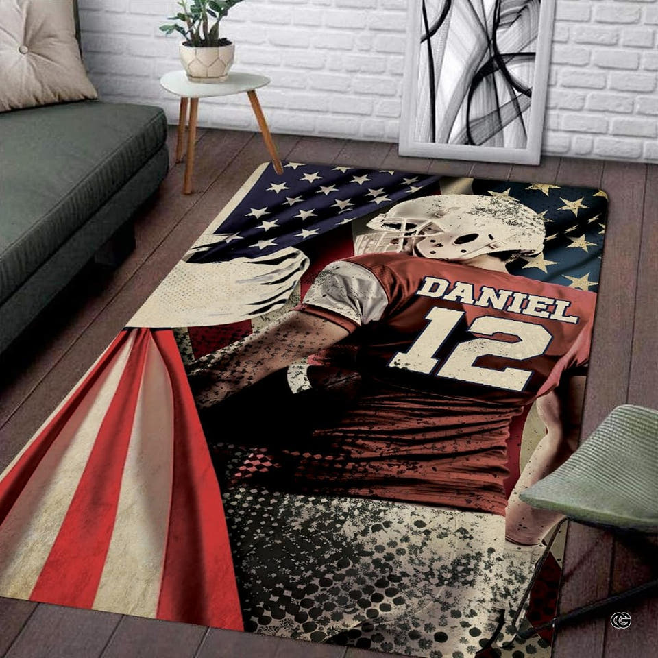 American Football Eagle Area Rug featuring vintage player and flag artwork.