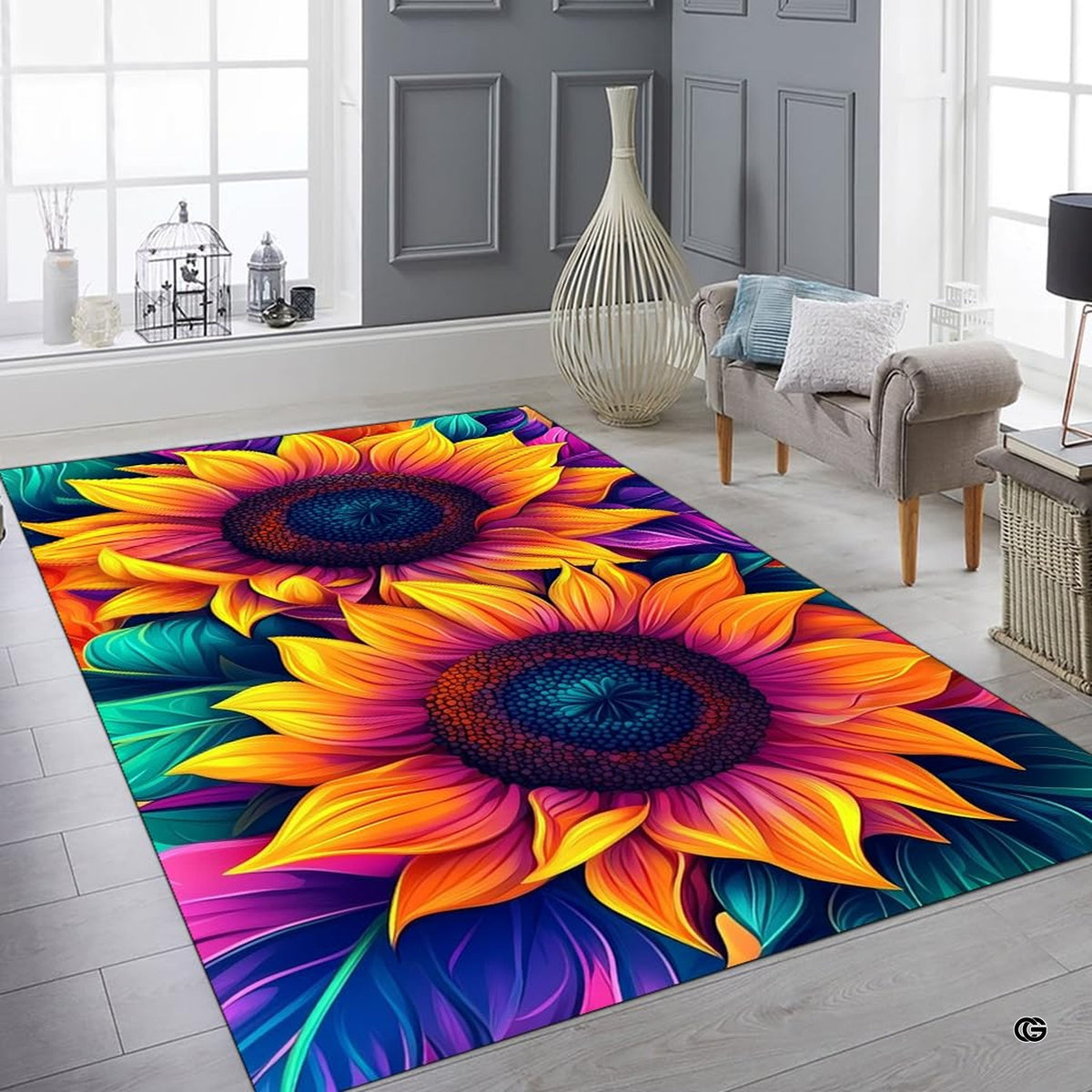 Round sunflower area rug displayed with contemporary decor highlighting bright amber and teal tones.