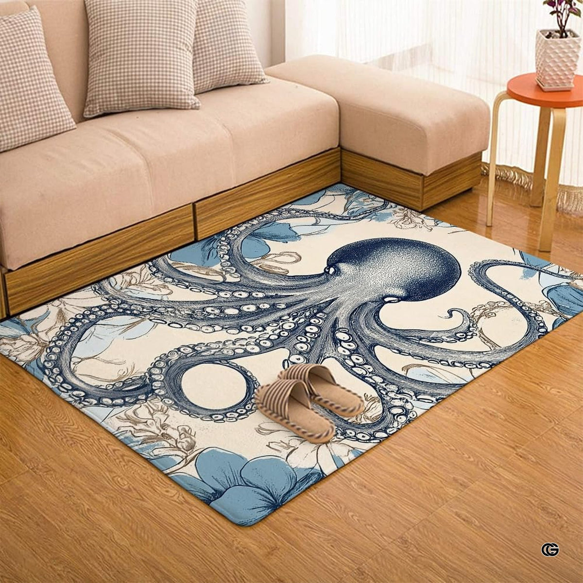 Vintage steel blue octopus area rug styled on hardwood flooring in living room. - image 4 of 7