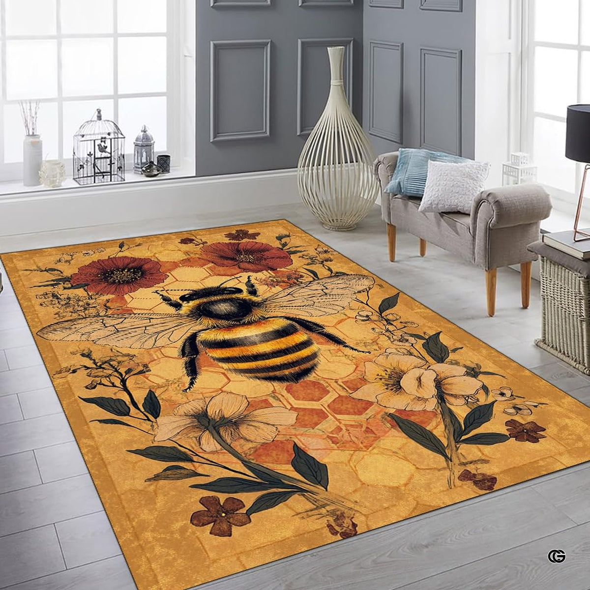 Angle view emphasizing rust red wildflowers and leafy green stems on the honey bee area rug design.