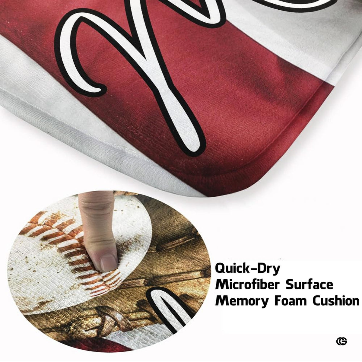 Close-up view of the soft microfiber surface, leather baseball mitt, and wooden bat artwork