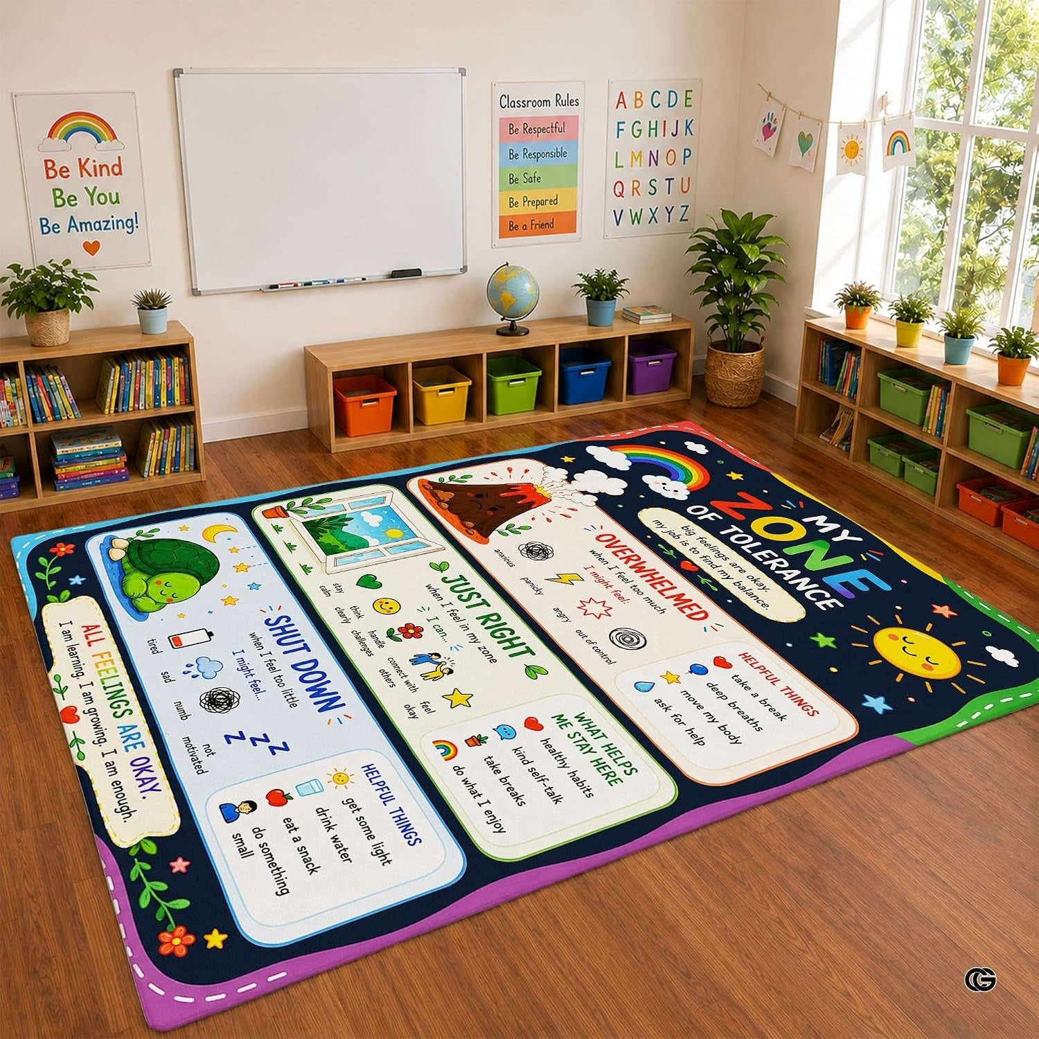 Personalized Teachers Classroom Rug, Custom Teacher Name Classroom Rules Area Rug, Feeling Chart Calming Corner Mat, Kindergarten Educational Back to School Class Decor (D1)