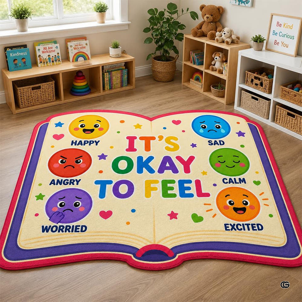 Classroom area rug with open thematic accent layout showing colorful expressive faces for social emotional rug activities.