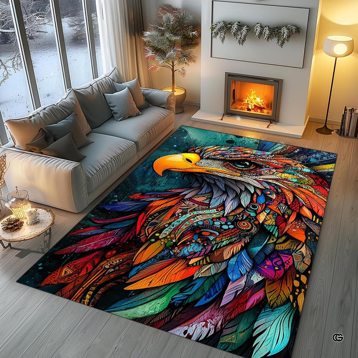 Lifestyle living room scene featuring family lounging on mandala eagle area rug.