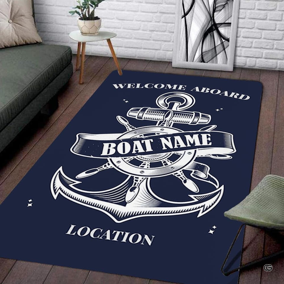 Nautical anchor and ship wheel vector illustration on navy area rug.