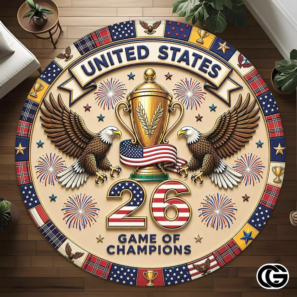 Custom Soccer Round Rug with Trophy and Flag Details