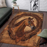 Western tooled leather bay horse illustration rectangular area rug.