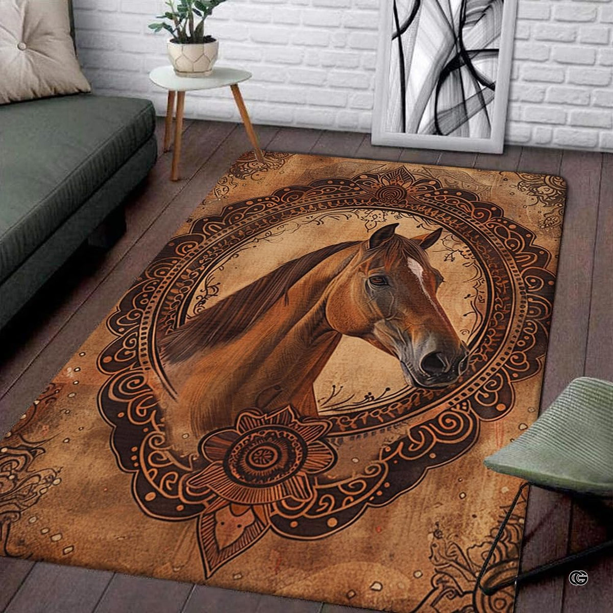 Western tooled leather bay horse illustration rectangular area rug. - image 1 of 5