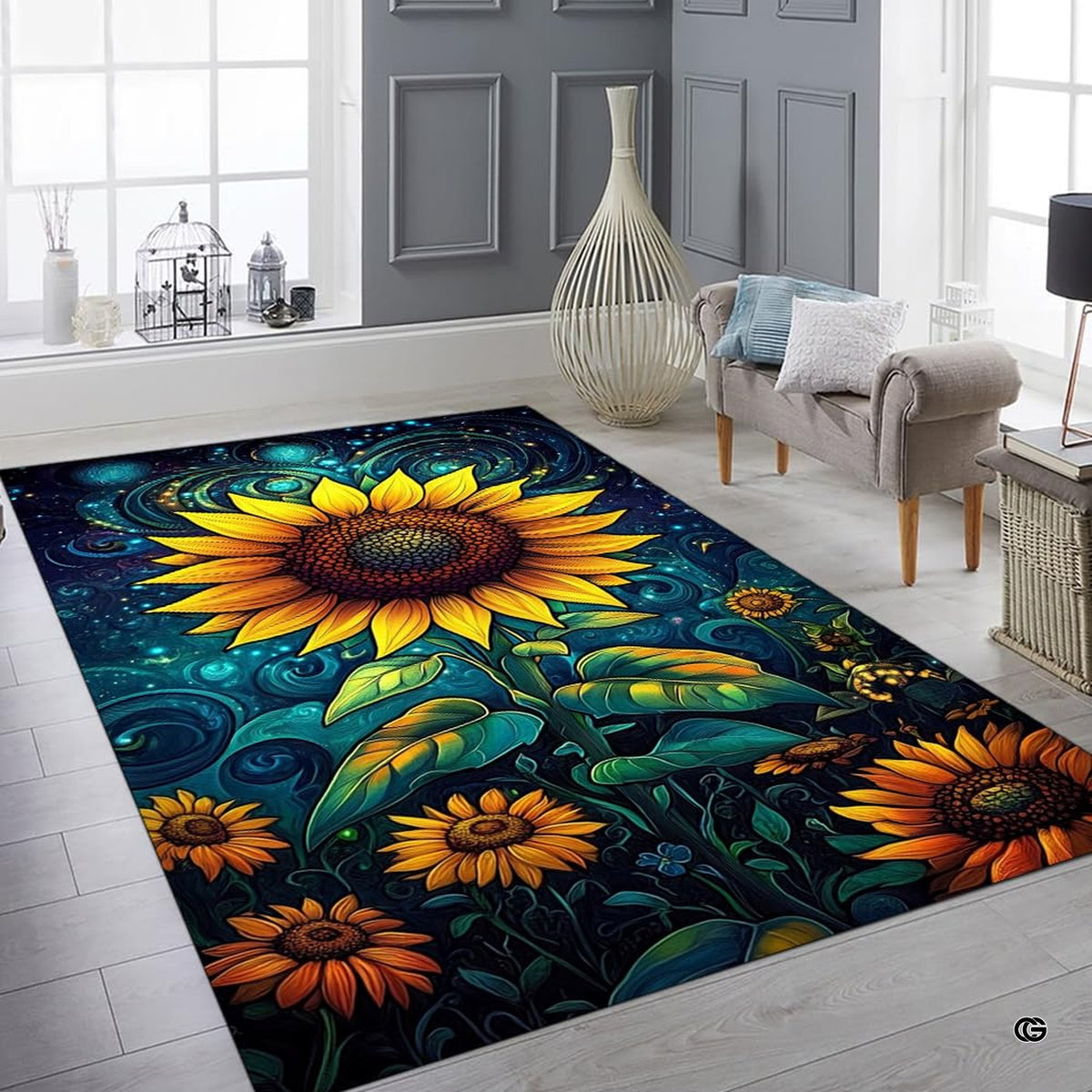 Bedroom layout showing the vibrant sunflower floral rug near wooden furnishings