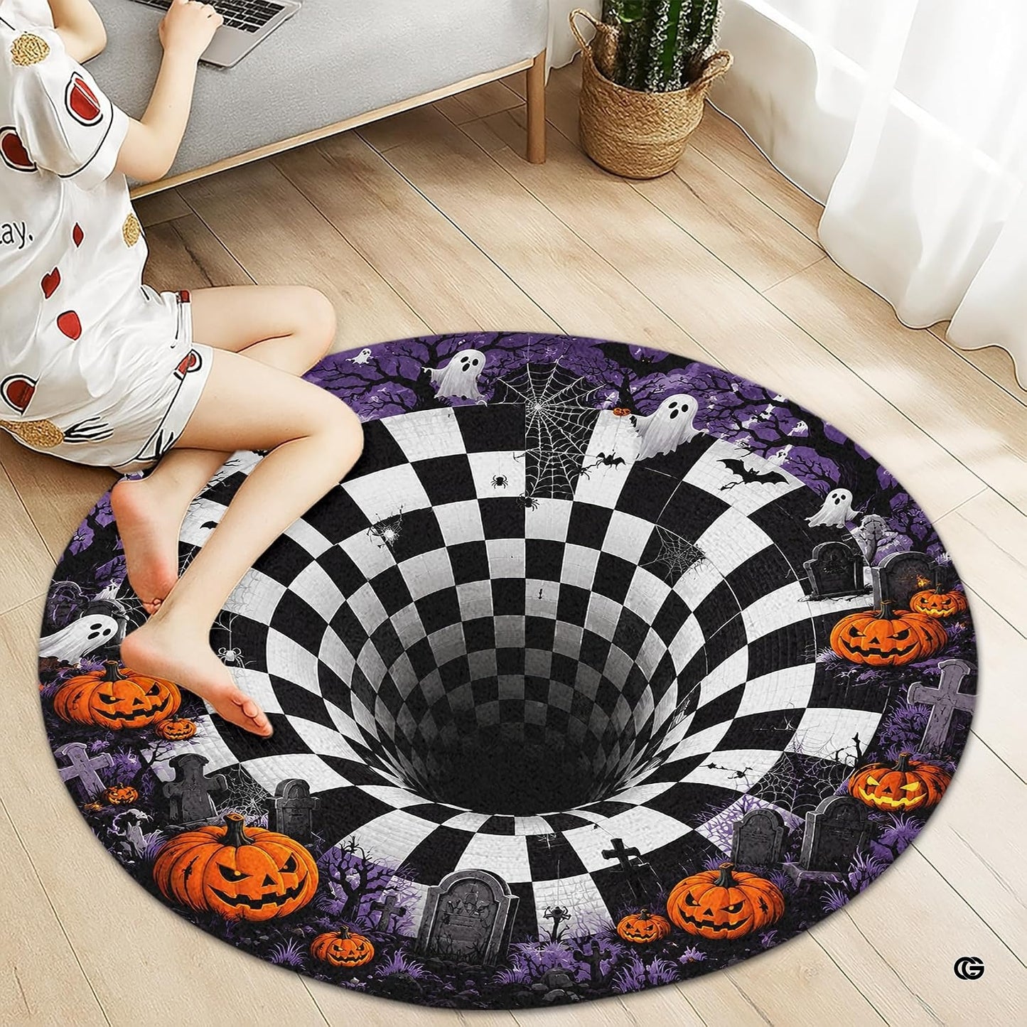 Custom Halloween 3D Optical Illusion Round Rug Skeleton Horror Area Rug (1, #10)