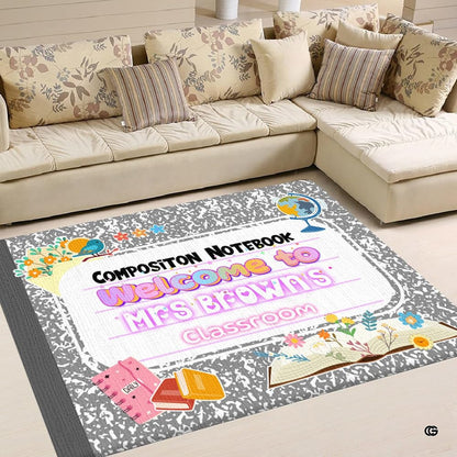 Living room sofa setting displaying the grey marbled composition notebook teacher area rug - thumbnail image 1 of 8