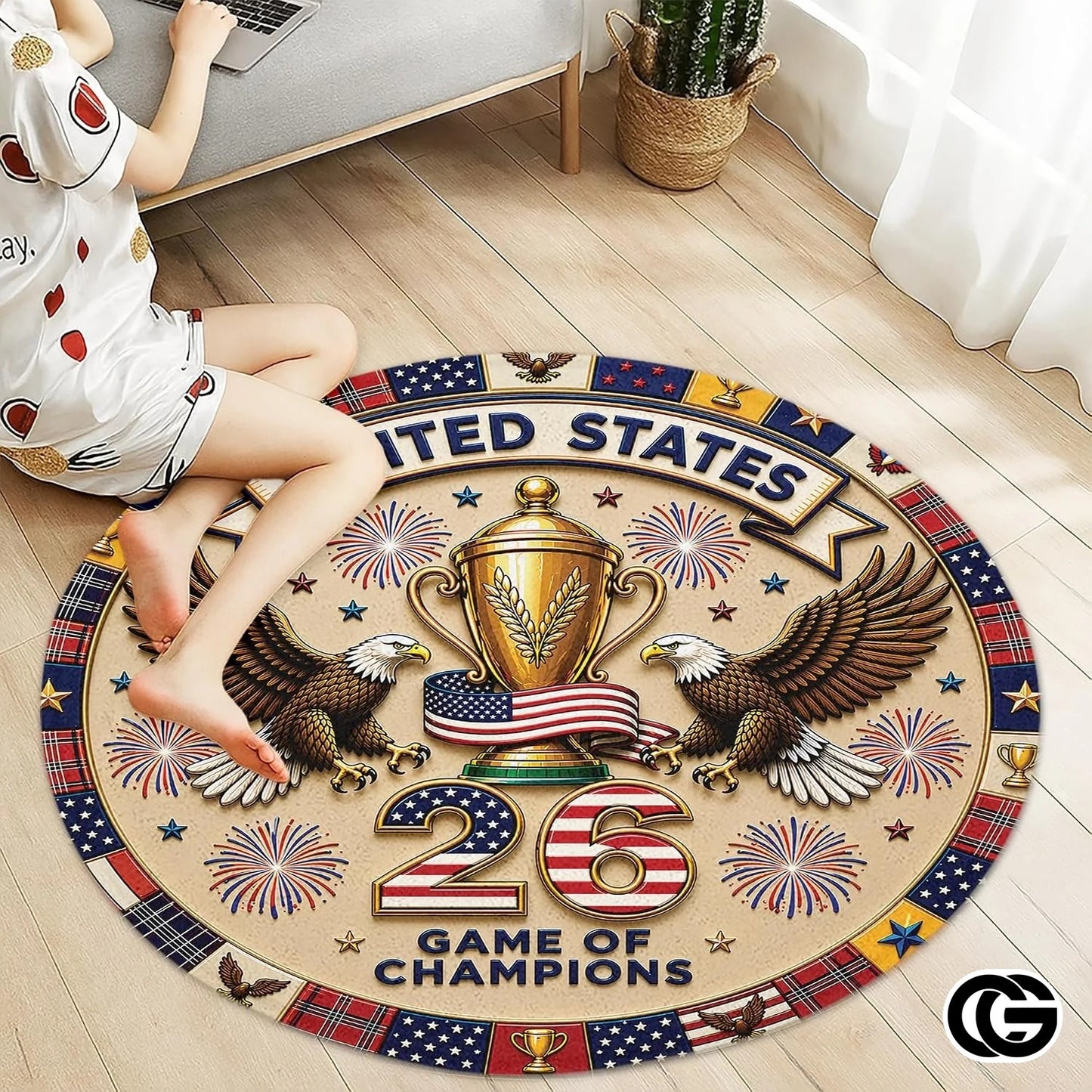 Custom Soccer Round Rug with Trophy and Flag Details