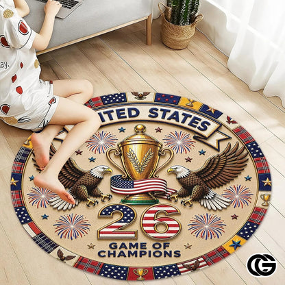 Custom Soccer Round Rug with Trophy and Flag Details