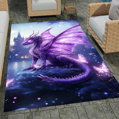 Overhead layout view of the rectangular enchanted purple dragon butterfly lake fantasy rug - thumbnail image 7 of 7