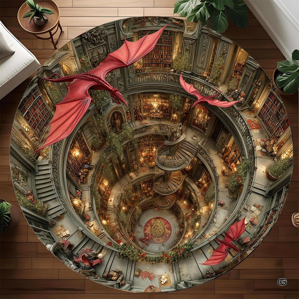 Round dragon library rug with red flying dragons and spiral atrium