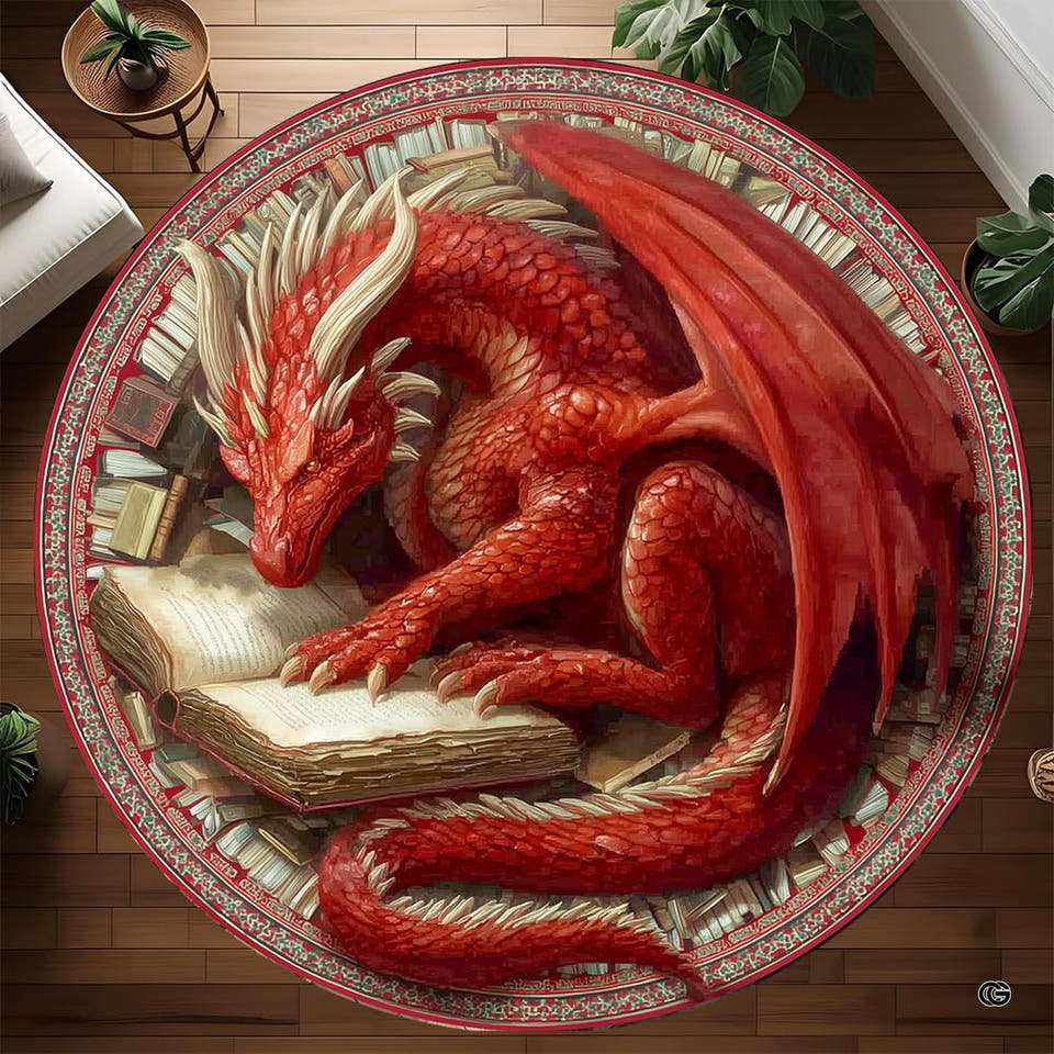 Round red dragon rug curled around an open book
