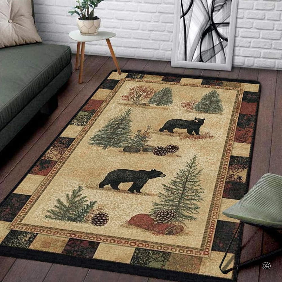 Living room setting featuring a woodland bear and pinecone patchwork wildlife area rug