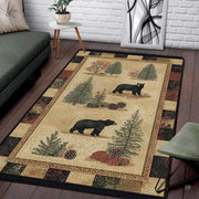 Living room setting featuring a woodland bear and pinecone patchwork wildlife area rug - thumbnail image 1 of 5