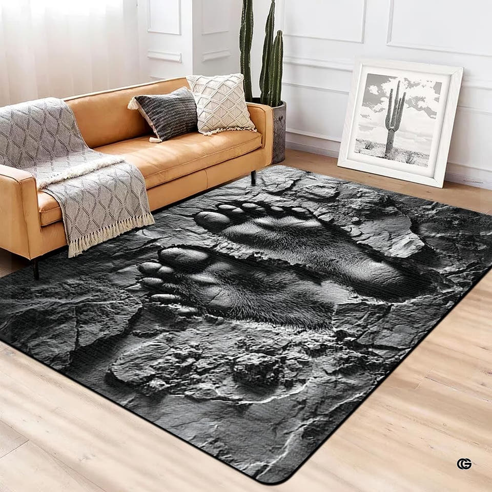 Bigfoot footprint rug with giant tracks in cracked rock