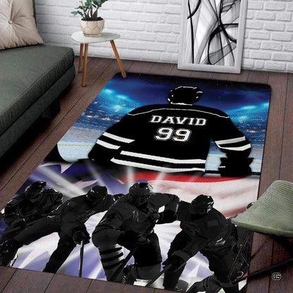 Hockey arena rug displaying arena stadium lights and dynamic player silhouettes skating on the rink. - thumbnail image 1 of 7