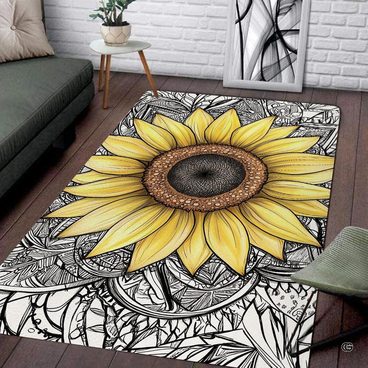 Boho sunflower mandala illustration rectangular area rug. - image 1 of 7