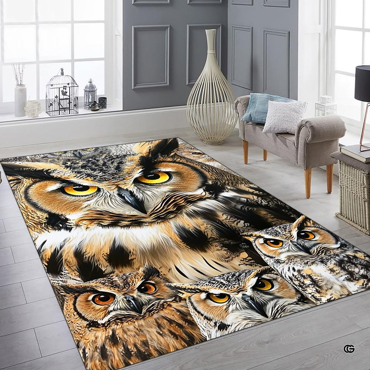 Study setting styled with a horned owl graphic area rug arranged beneath a wooden desk and armchair. - image 6 of 8