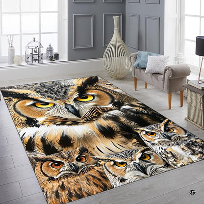 Study setting styled with a horned owl graphic area rug arranged beneath a wooden desk and armchair. - thumbnail image 6 of 8