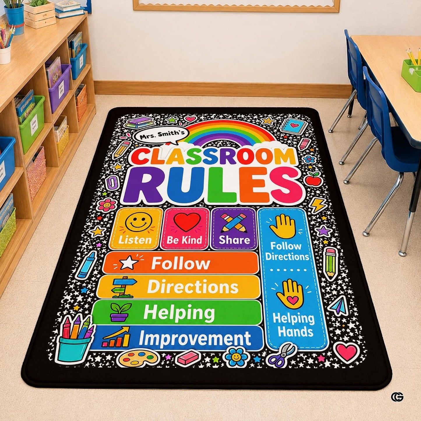 Personalized Teachers Classroom Rug, Custom Teacher Name Classroom Rules Area Rug, Feeling Chart Calming Corner Mat, Kindergarten Educational Back to School Class Decor (D7)