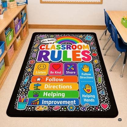 Personalized Teachers Classroom Rug, Custom Teacher Name Classroom Rules Area Rug, Feeling Chart Calming Corner Mat, Kindergarten Educational Back to School Class Decor (D7)