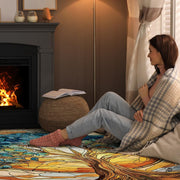 Modern living room setting displaying the stained glass tree of life meadow rug - thumbnail image 2 of 8