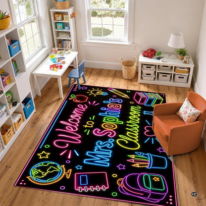 Personalized Teacher Classroom Rug, Custom Back to School Welcome Mat with Name, Kindergarten Preschool Elementary Decor, Composition Notebook Carpet (A08)