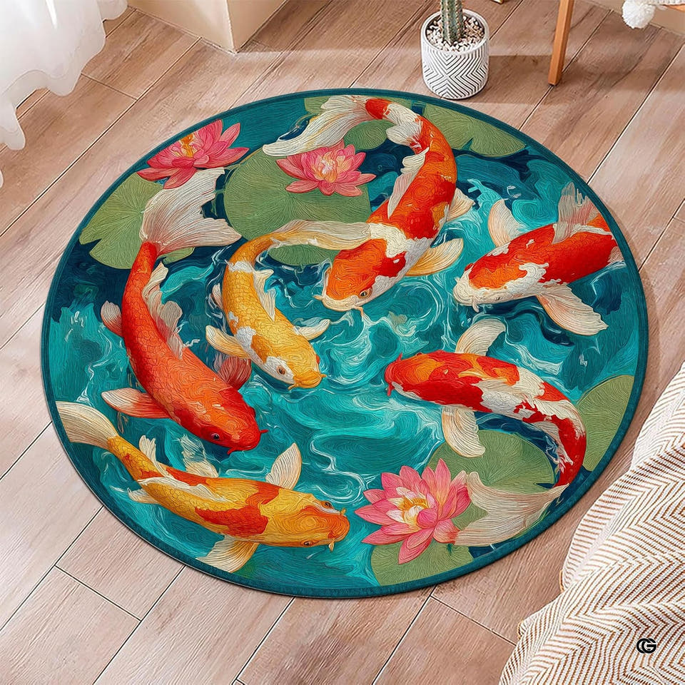 Impressionist koi fish lotus pond circular area rug - view 1