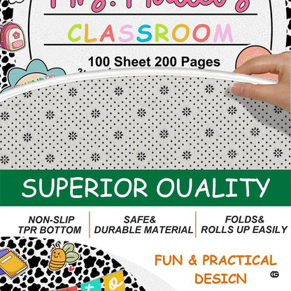 Lined notebook sign illustration with school backpack, apple, and yellow bus accents on a round classroom mat. - thumbnail image 4 of 7
