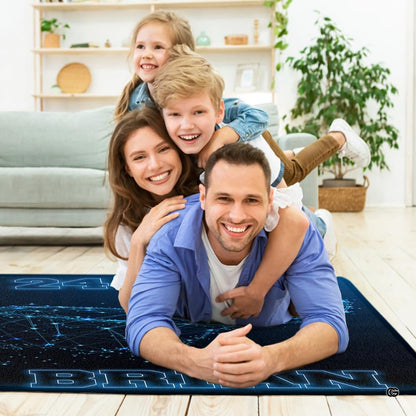 Lifestyle living room scene featuring family lounging on basketball area rug. - thumbnail image 5 of 7