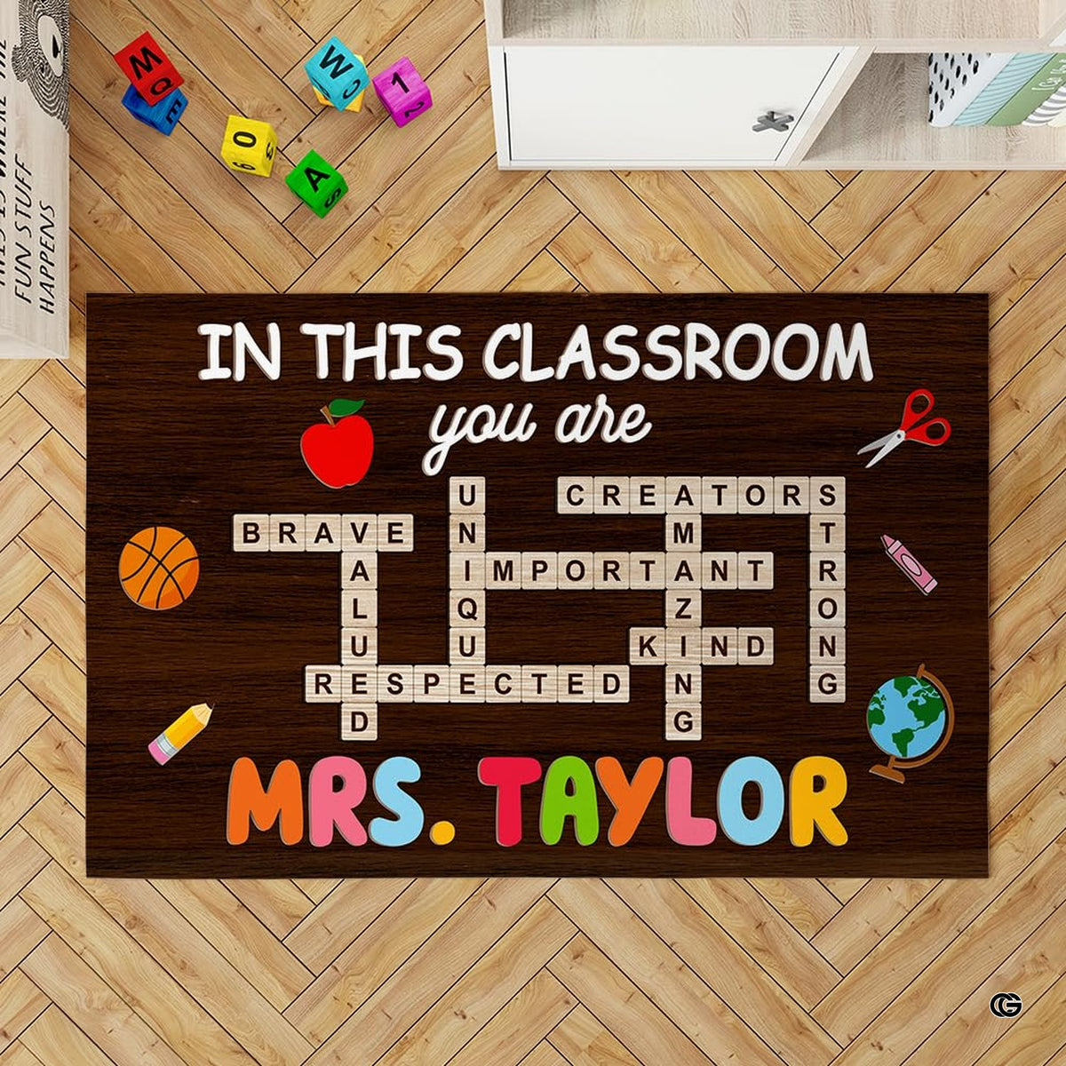 Classroom teacher desk area rug showcasing wooden puzzle tiles, globe, red apple, and colorful graphics.